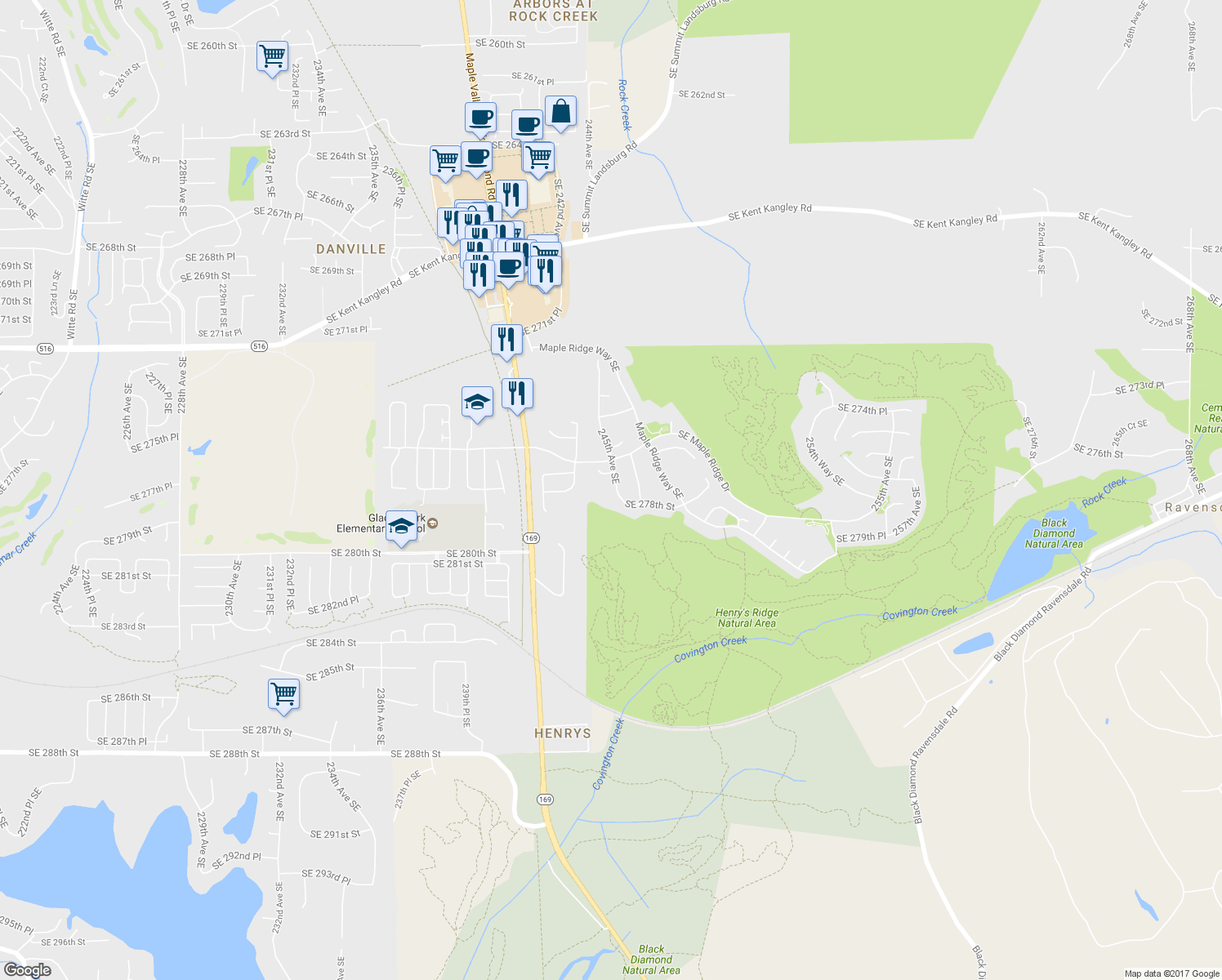 map of restaurants, bars, coffee shops, grocery stores, and more near 27727 245th Avenue Southeast in Maple Valley