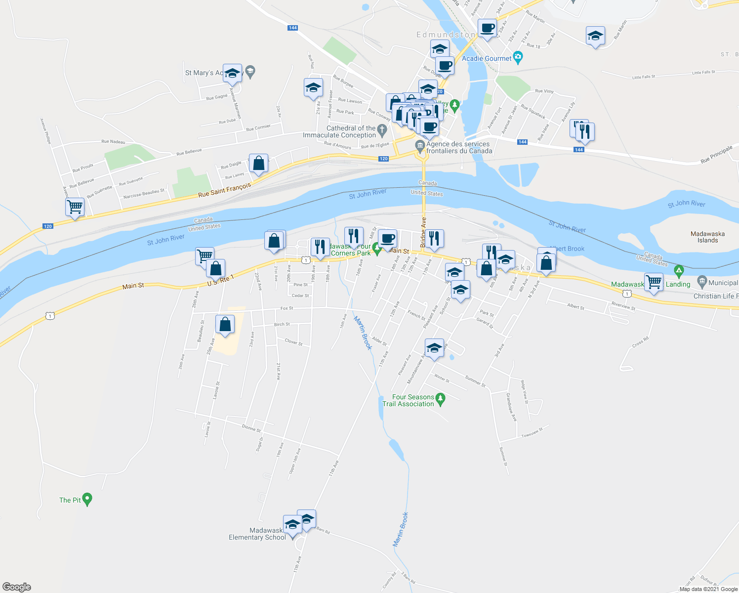 map of restaurants, bars, coffee shops, grocery stores, and more near 147 Fraser Avenue in Madawaska