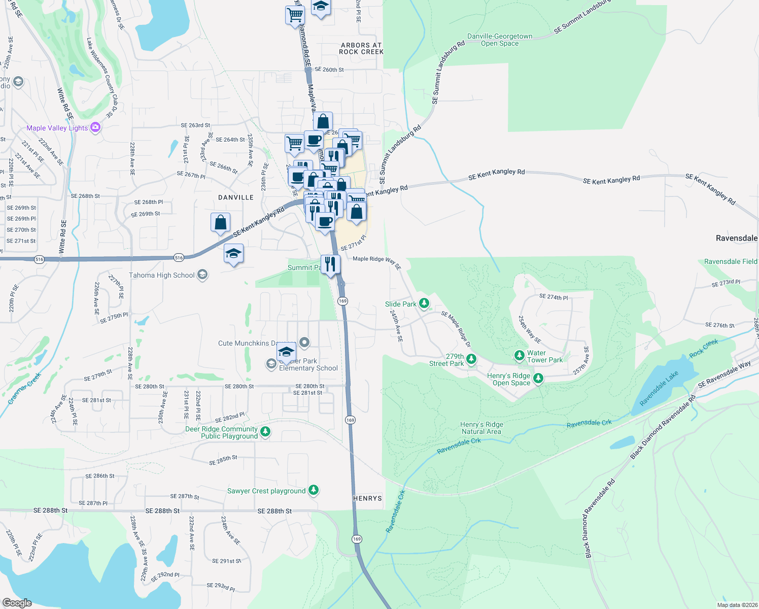 map of restaurants, bars, coffee shops, grocery stores, and more near 27416 243rd Place Southeast in Maple Valley