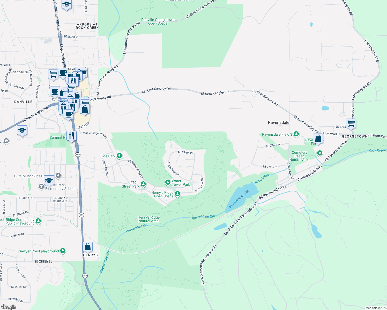 map of restaurants, bars, coffee shops, grocery stores, and more near 25499 Southeast 274th Place in Maple Valley