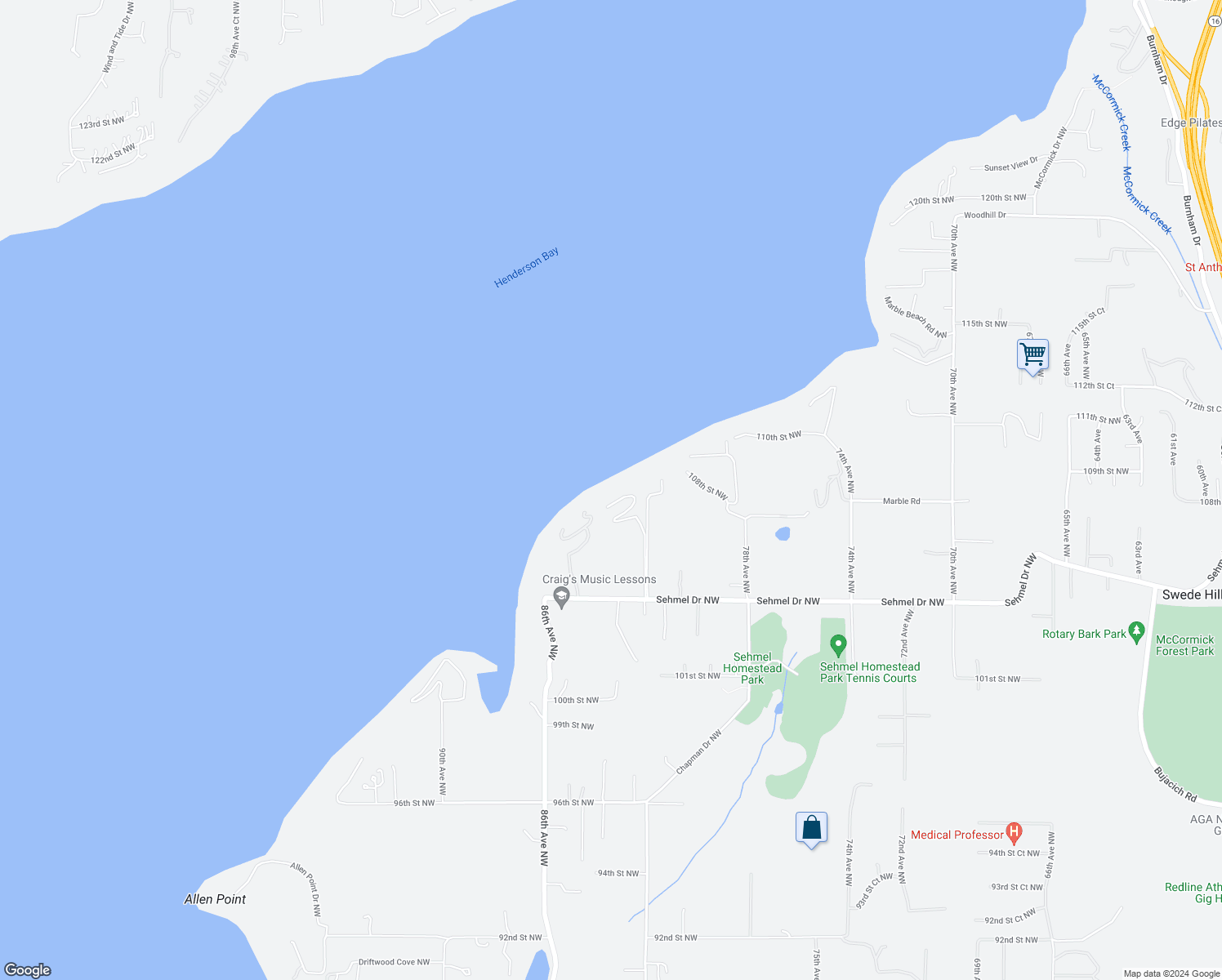 map of restaurants, bars, coffee shops, grocery stores, and more near 8307 104th Street Northwest in Gig Harbor