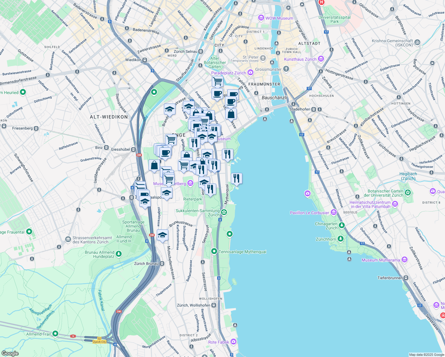map of restaurants, bars, coffee shops, grocery stores, and more near 50 Mythenquai in Zürich