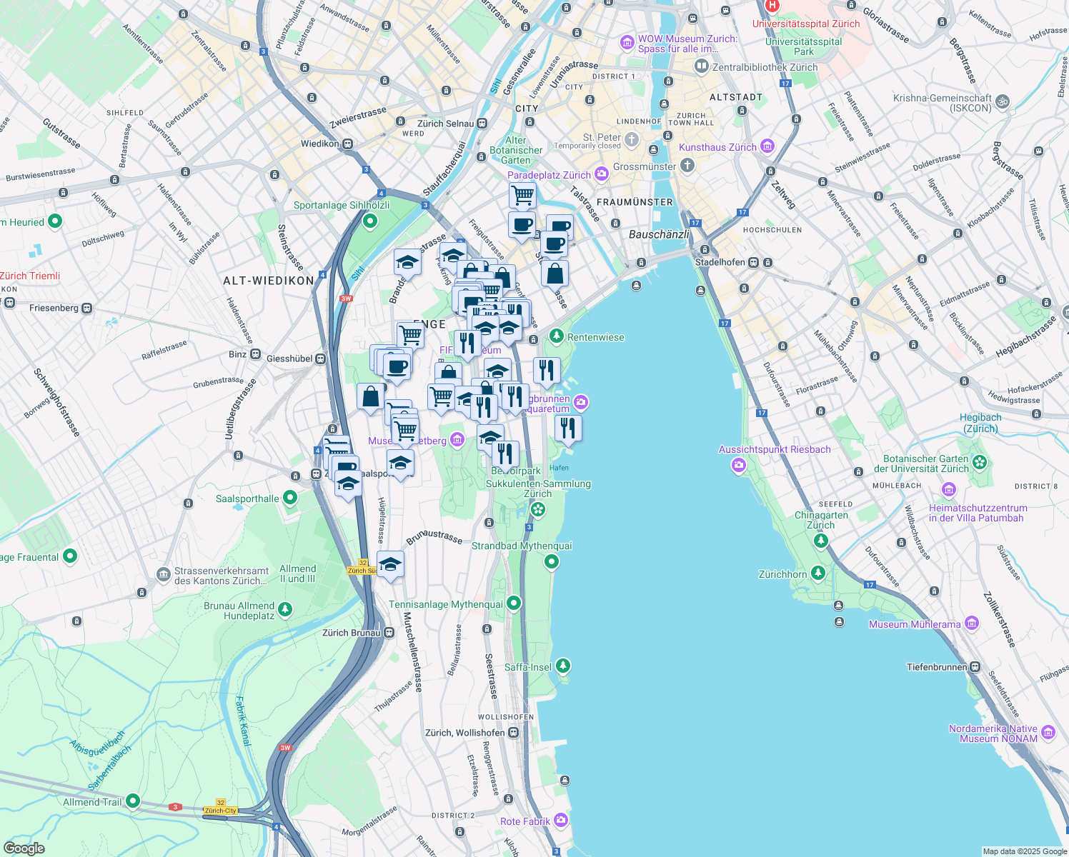 map of restaurants, bars, coffee shops, grocery stores, and more near 50 Mythenquai in Zürich