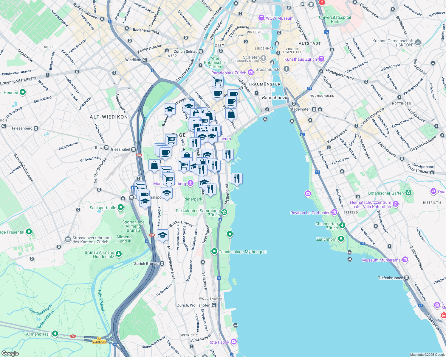 map of restaurants, bars, coffee shops, grocery stores, and more near 50 Mythenquai in Zürich