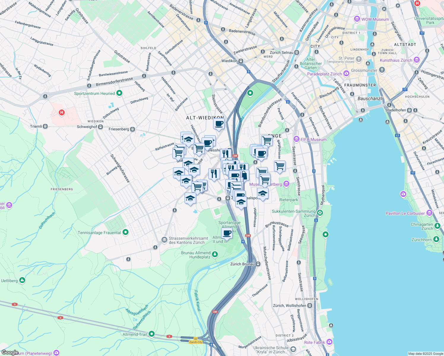 map of restaurants, bars, coffee shops, grocery stores, and more near 20 Edenstrasse in Zürich