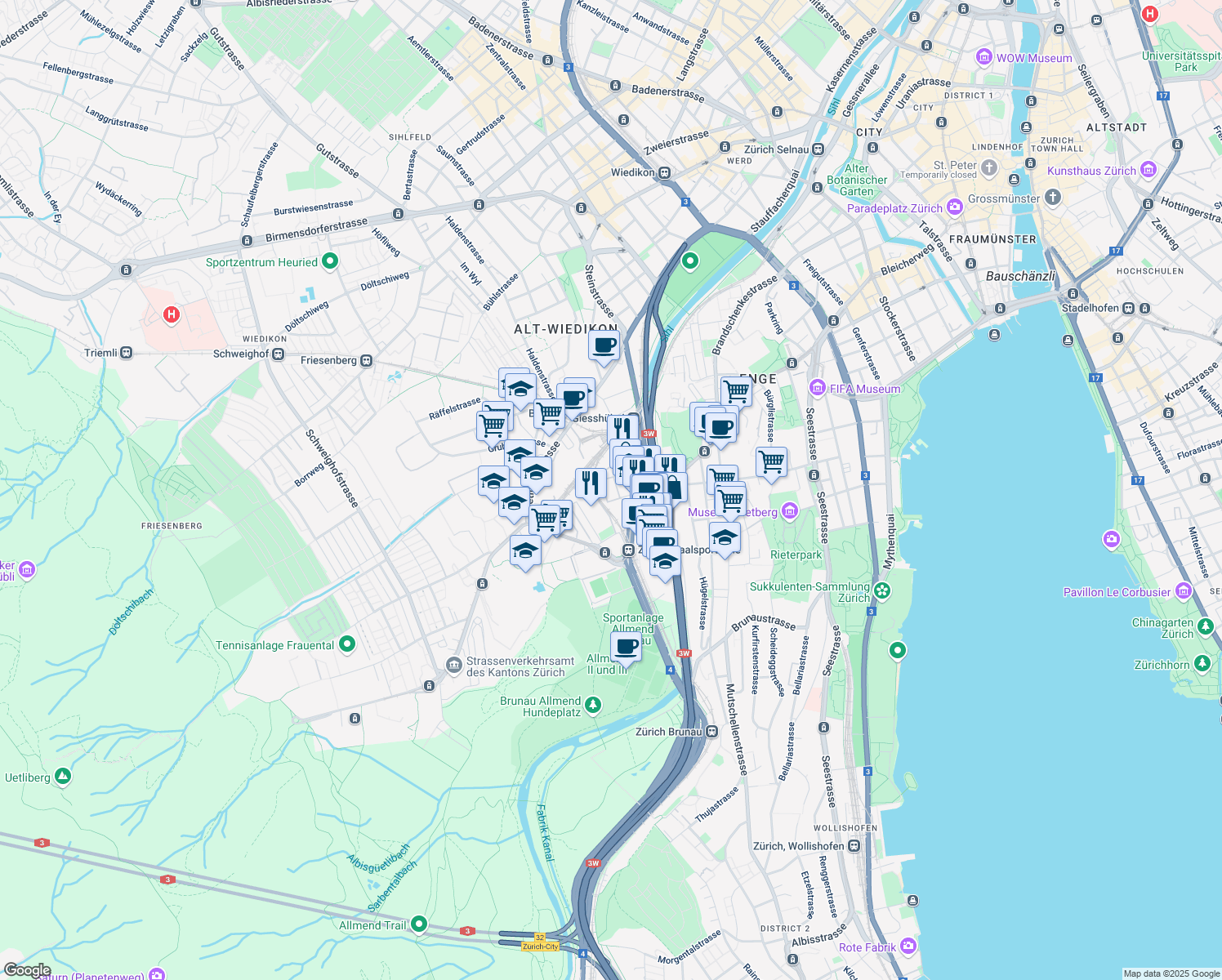 map of restaurants, bars, coffee shops, grocery stores, and more near 20 Edenstrasse in Zürich