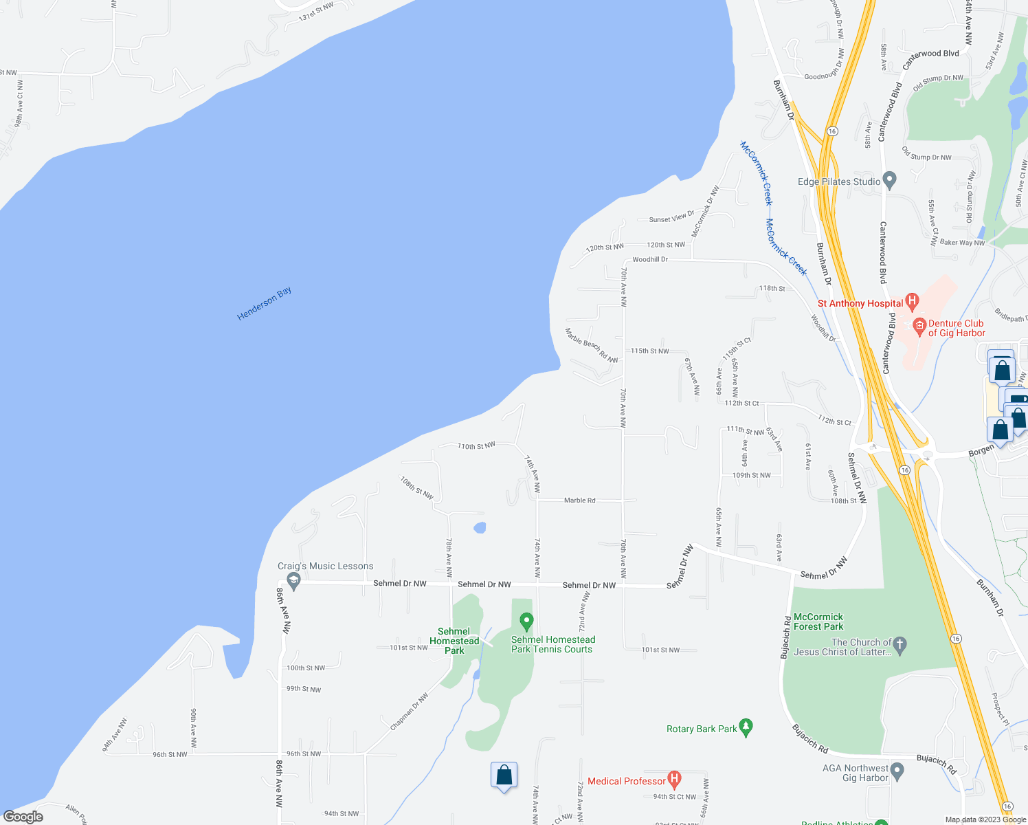 map of restaurants, bars, coffee shops, grocery stores, and more near 11220 74th Avenue Northwest in Gig Harbor