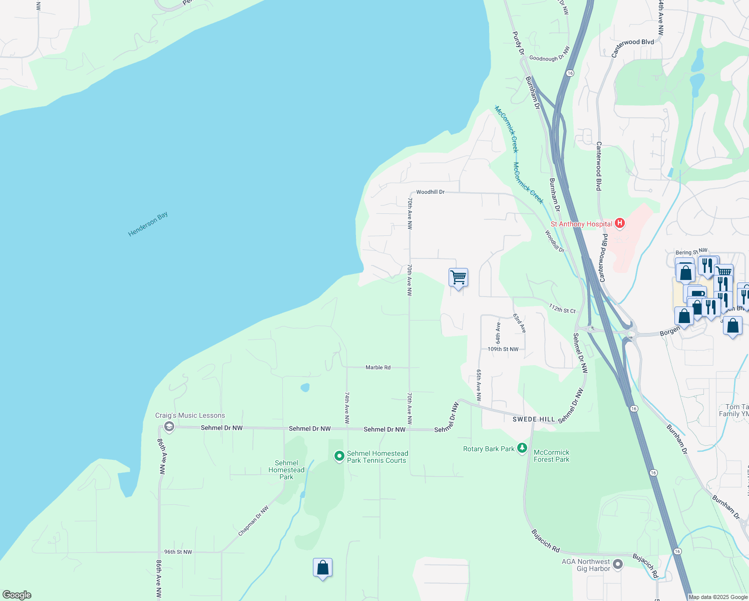 map of restaurants, bars, coffee shops, grocery stores, and more near 11110 70th Avenue Northwest in Gig Harbor