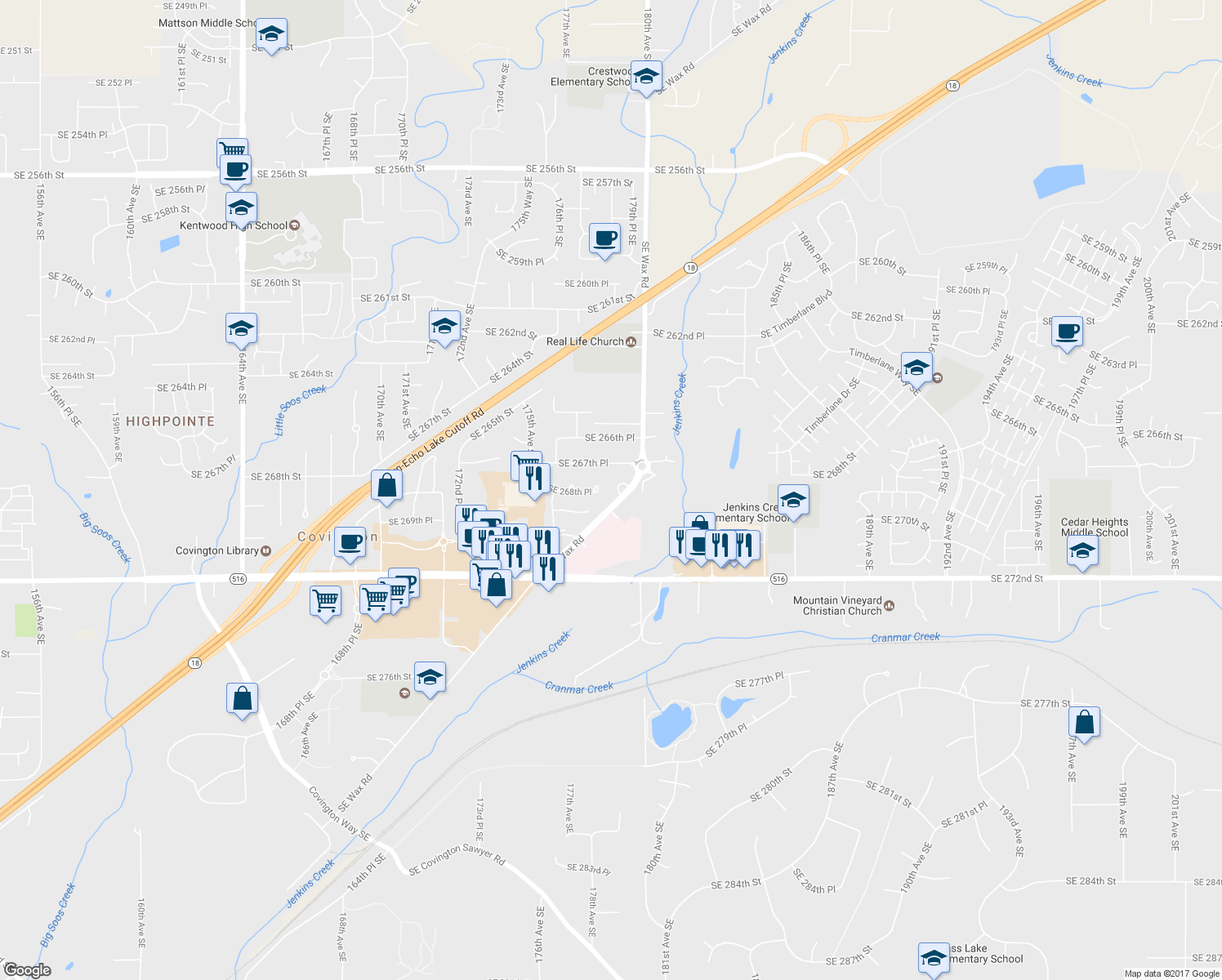 map of restaurants, bars, coffee shops, grocery stores, and more near 26713 178th Loop Southeast in Covington