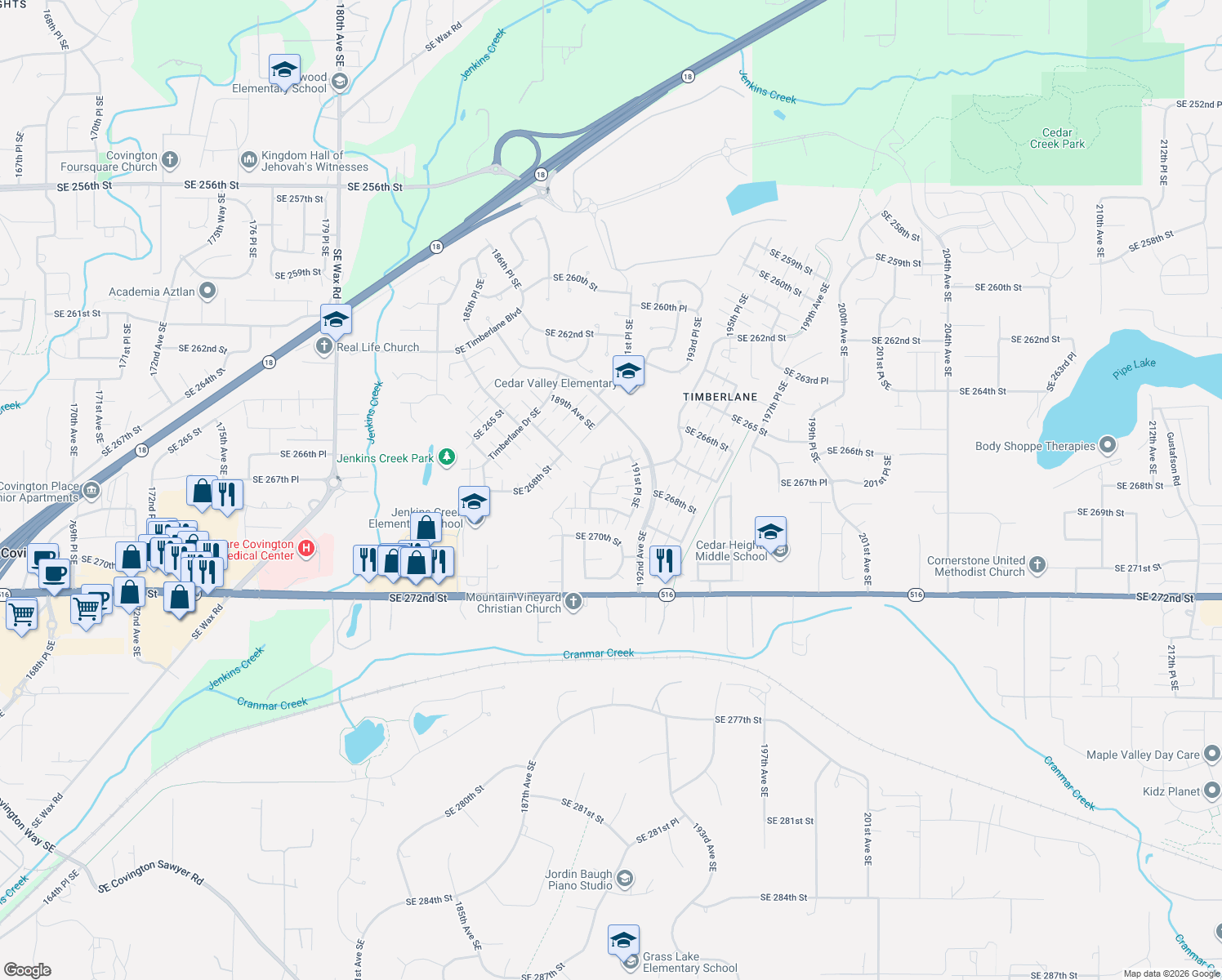 map of restaurants, bars, coffee shops, grocery stores, and more near 26642 190th Ave SE in Covington