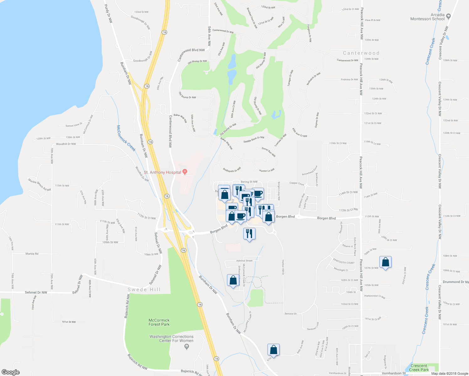 map of restaurants, bars, coffee shops, grocery stores, and more near 11465 Bristol Place Northwest in Gig Harbor