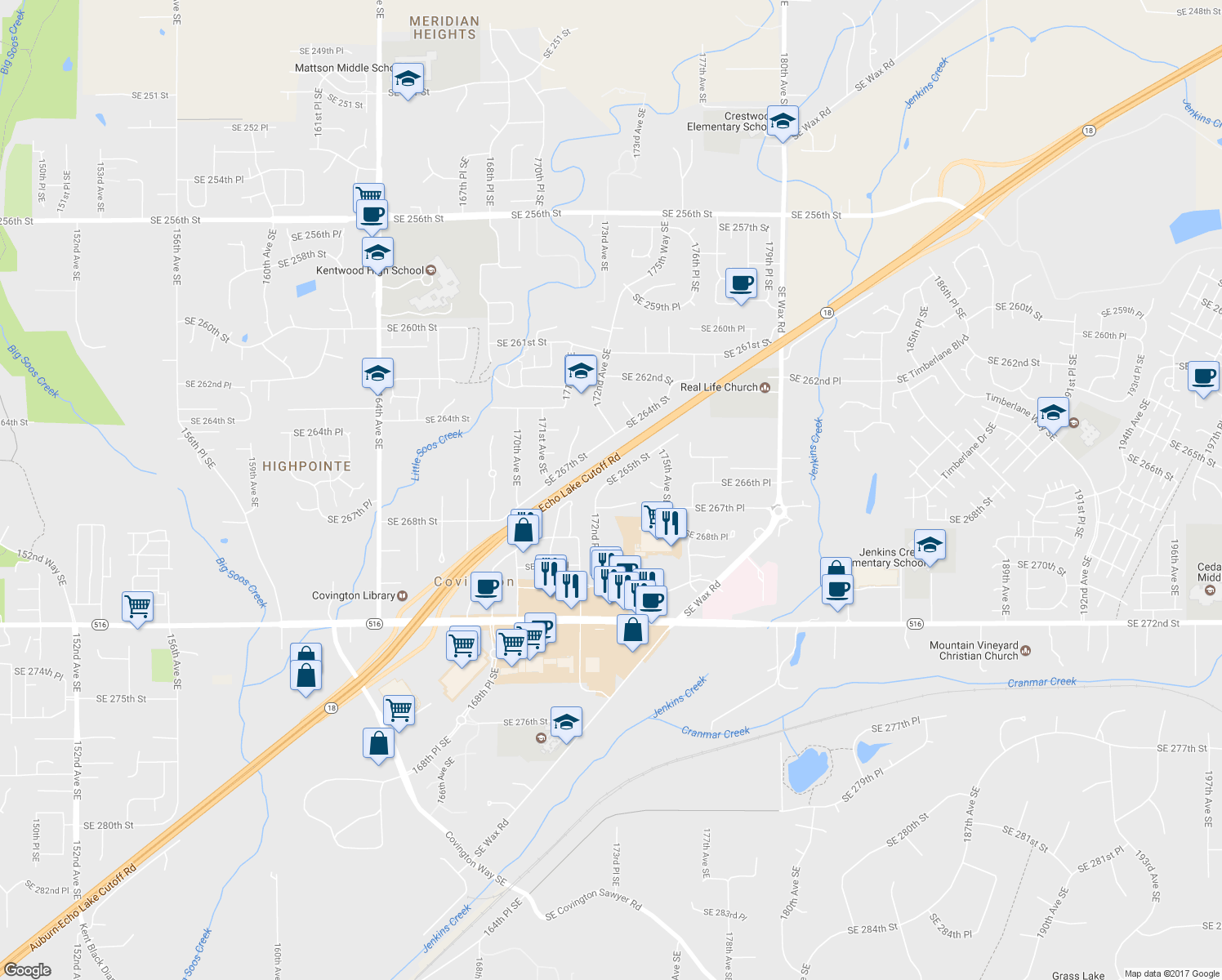 map of restaurants, bars, coffee shops, grocery stores, and more near 17211 Southeast 265th Street in Covington