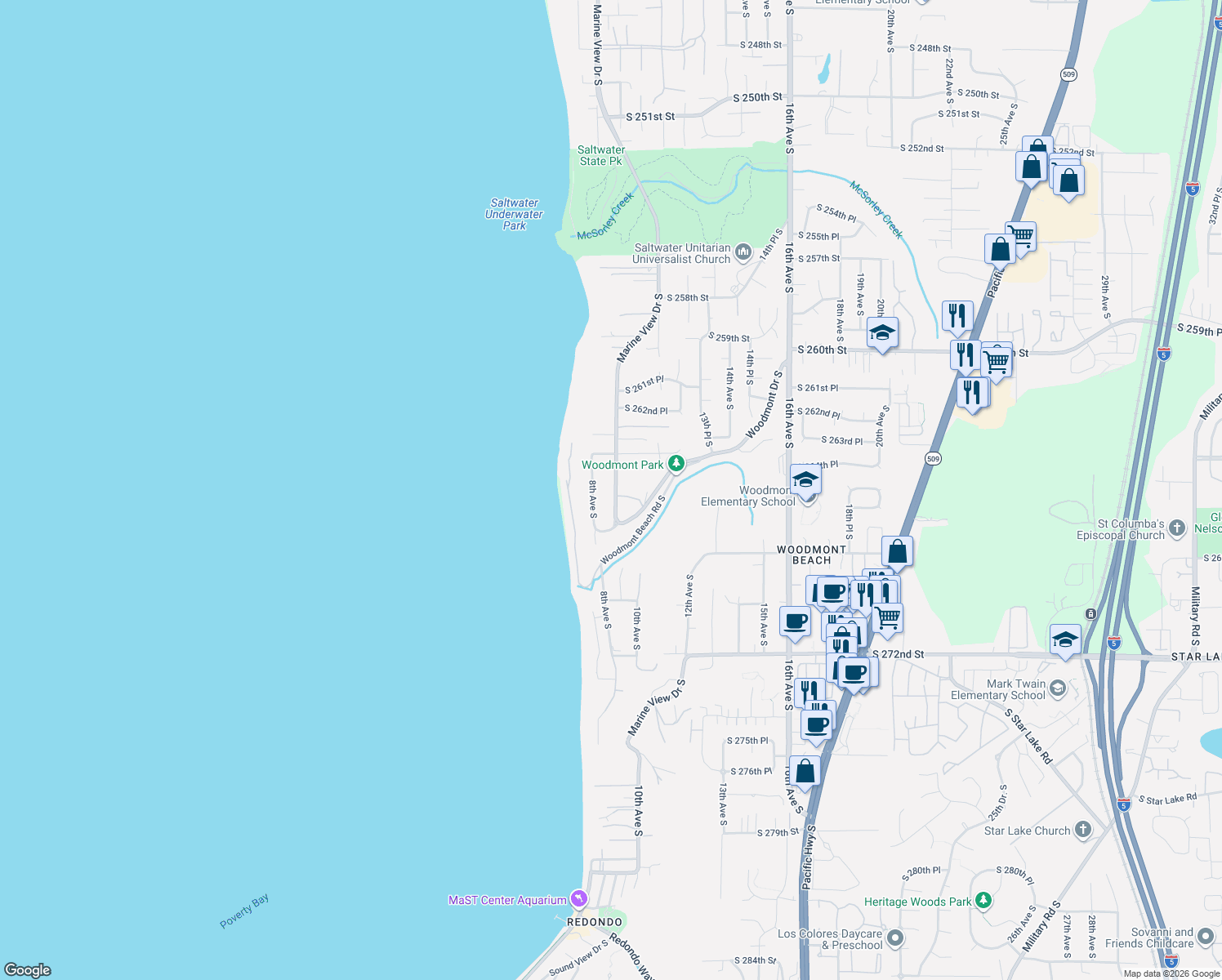 map of restaurants, bars, coffee shops, grocery stores, and more near 26445 Marine View Drive South in Des Moines