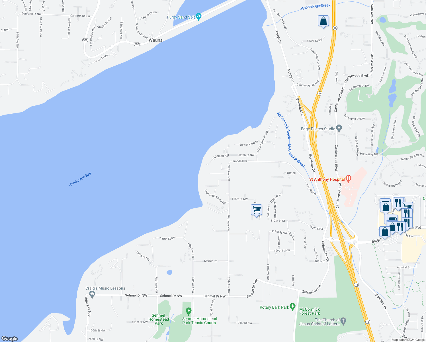 map of restaurants, bars, coffee shops, grocery stores, and more near 7119 Olympic Vista Court Northwest in Gig Harbor