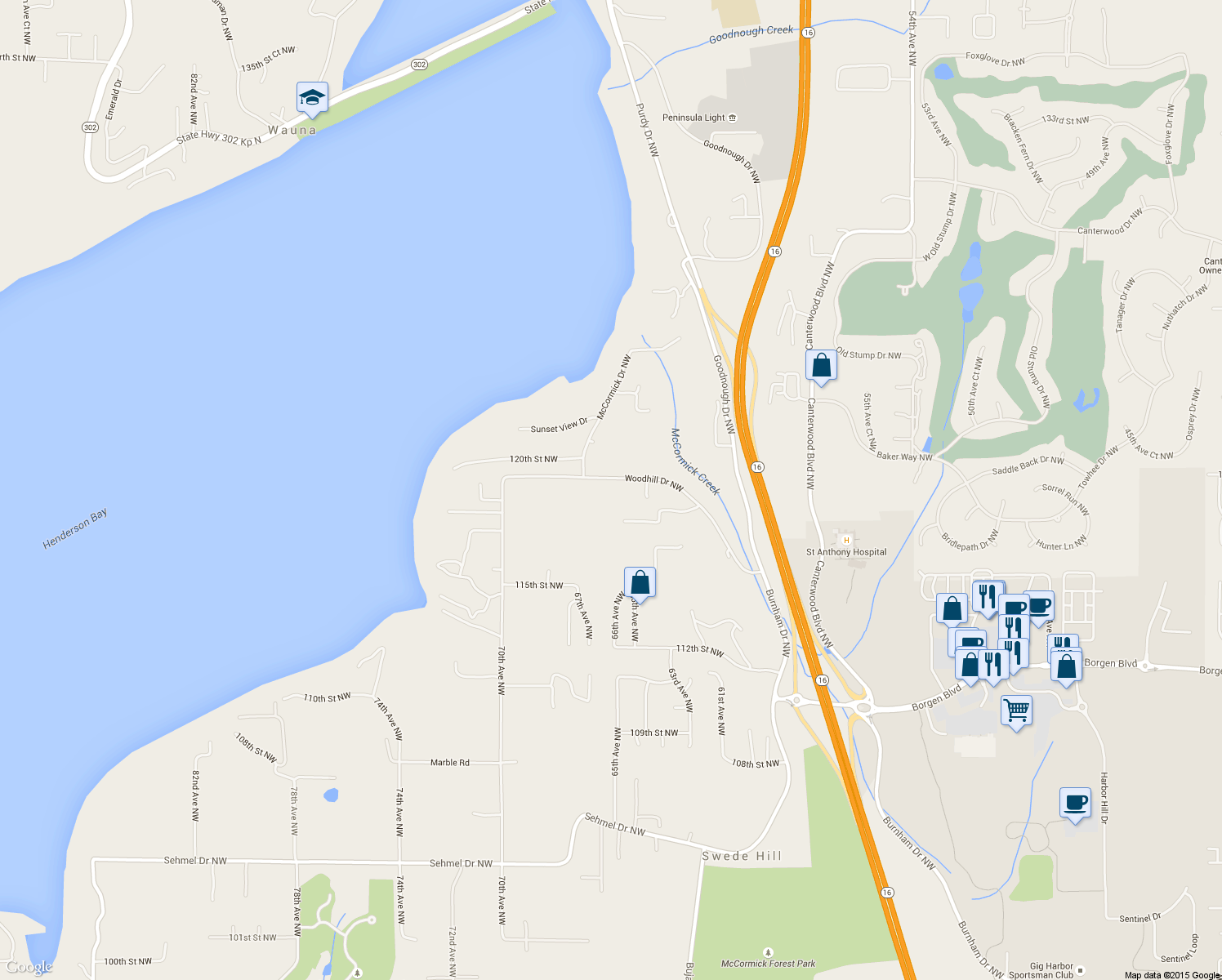 map of restaurants, bars, coffee shops, grocery stores, and more near 6524 Woodhill Drive Northwest in Gig Harbor