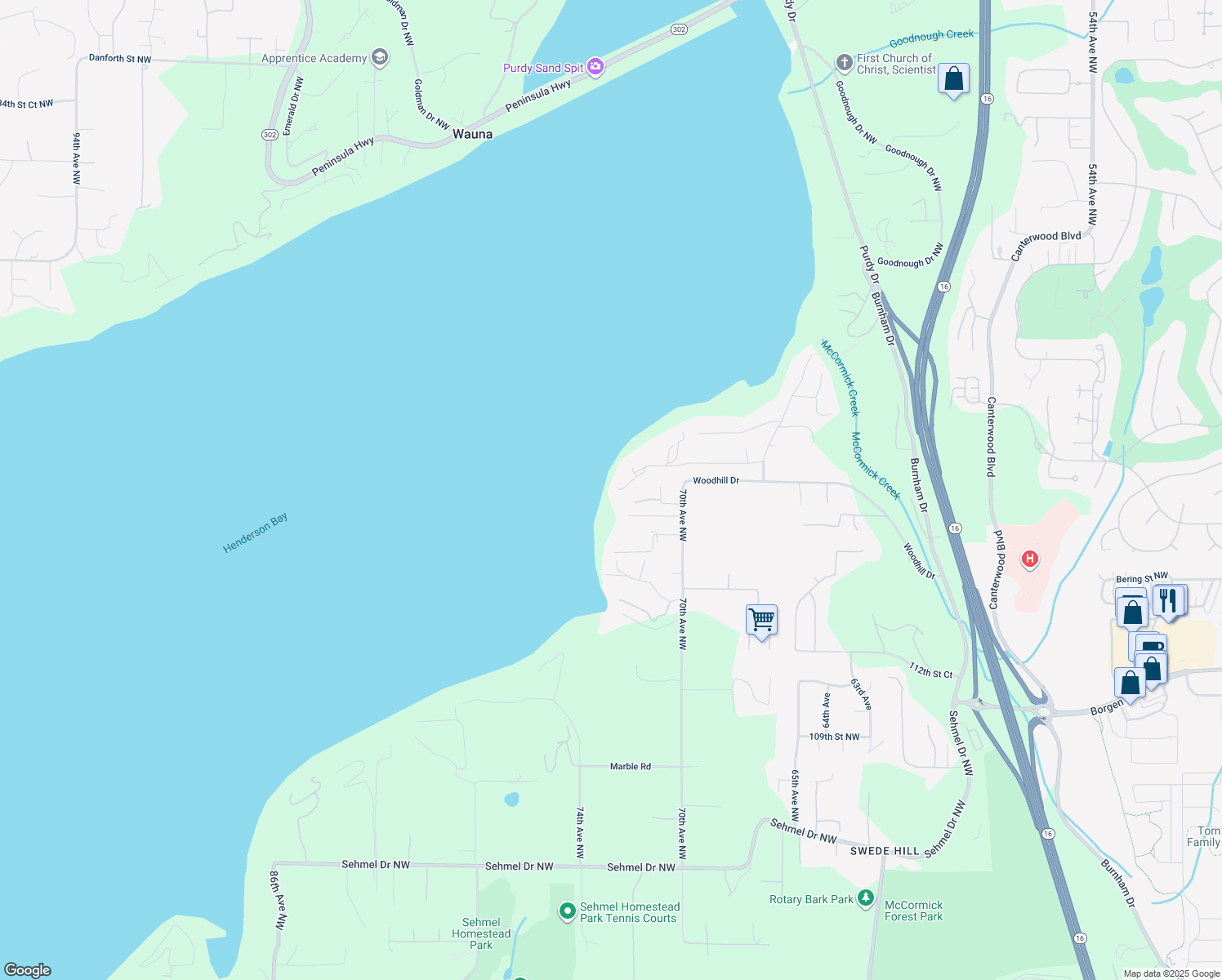 map of restaurants, bars, coffee shops, grocery stores, and more near 7227 120th Street Northwest in Gig Harbor