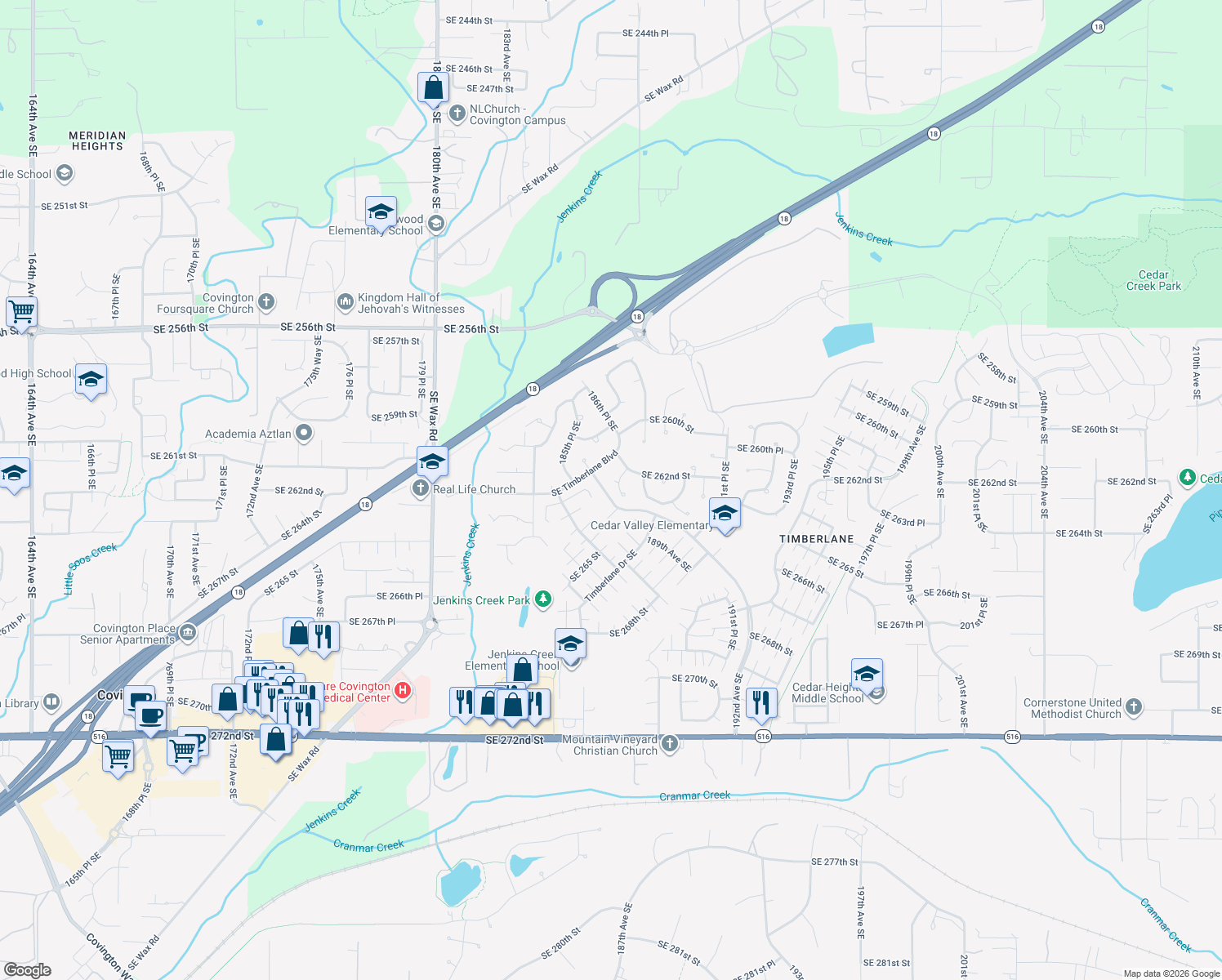map of restaurants, bars, coffee shops, grocery stores, and more near 26219 187th Place Southeast in Covington