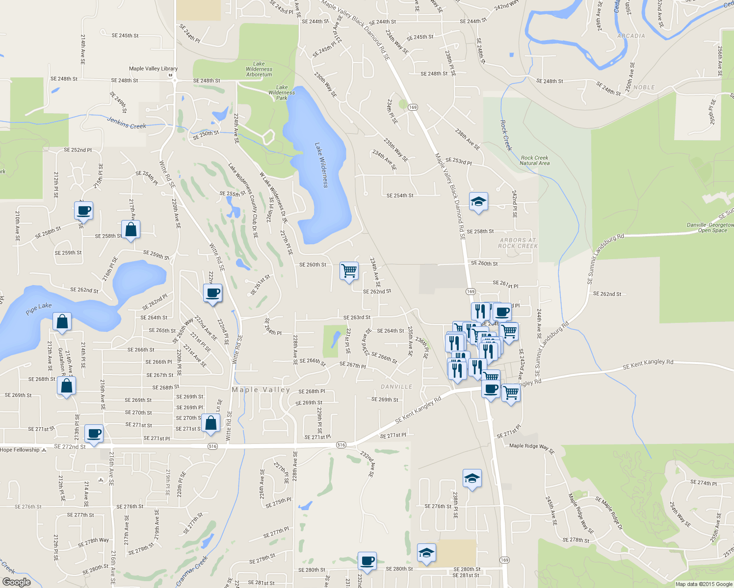 map of restaurants, bars, coffee shops, grocery stores, and more near 26208 232nd Place Southeast in Maple Valley