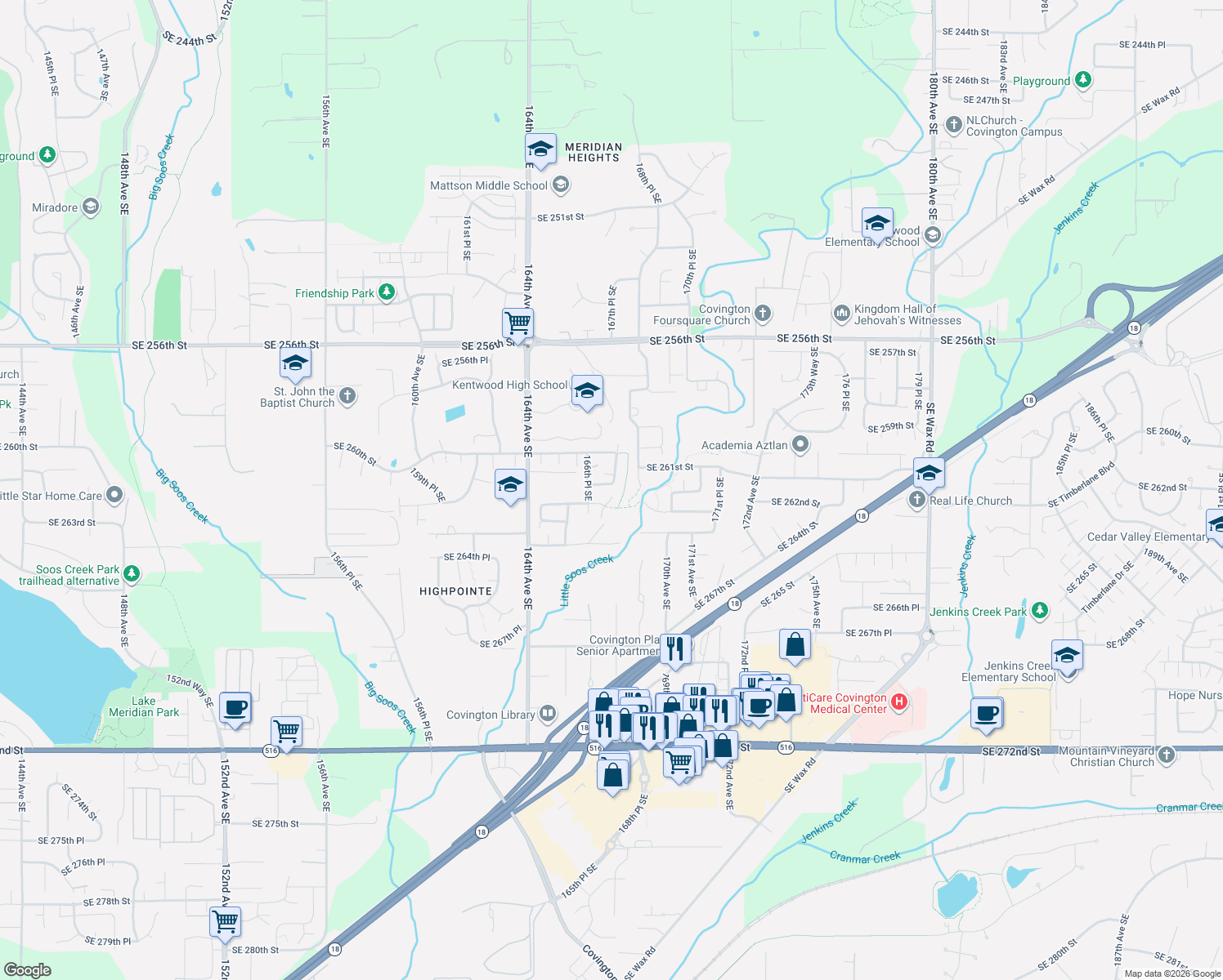 map of restaurants, bars, coffee shops, grocery stores, and more near 16637 Southeast 261st Street in Covington