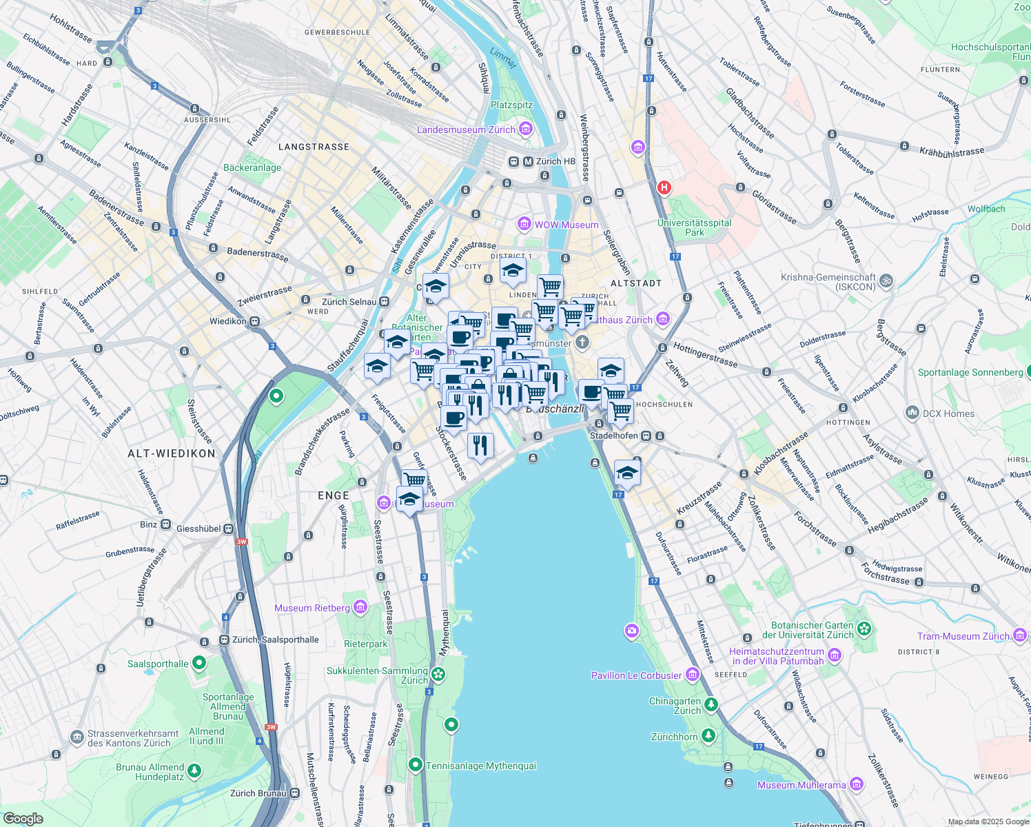 map of restaurants, bars, coffee shops, grocery stores, and more near 3 Bahnhofstrasse in Zürich