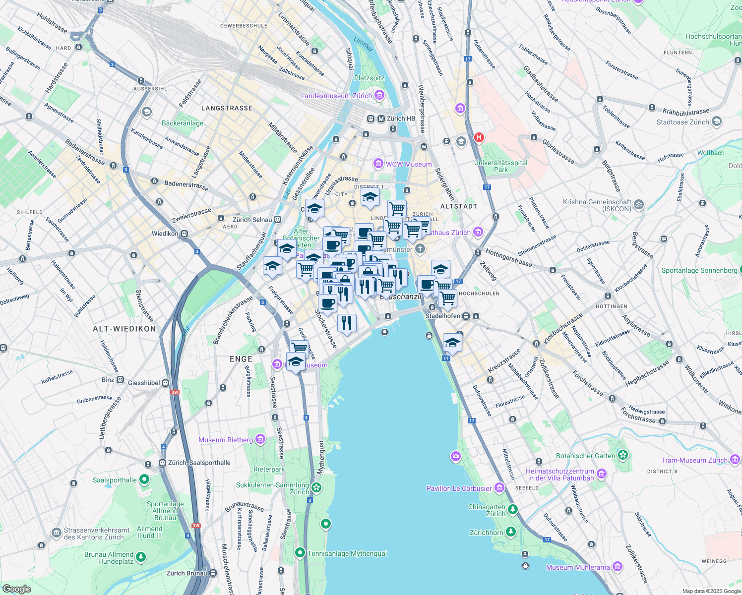 map of restaurants, bars, coffee shops, grocery stores, and more near 3 Bahnhofstrasse in Zürich