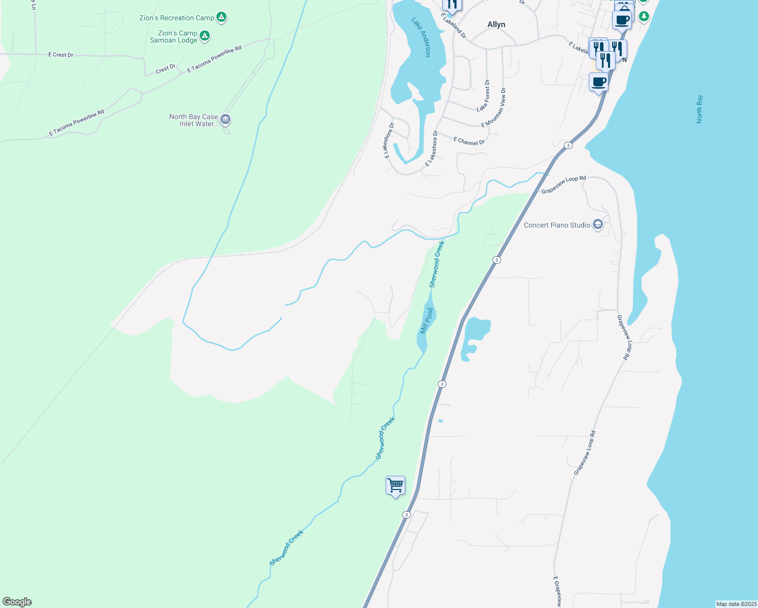 map of restaurants, bars, coffee shops, grocery stores, and more near 581 East Sherwood Creek Road in Mason County