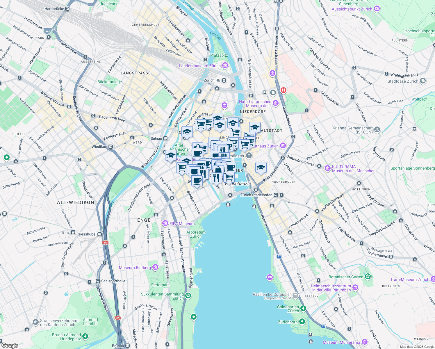 map of restaurants, bars, coffee shops, grocery stores, and more near 11a Bahnhofstrasse in Zürich