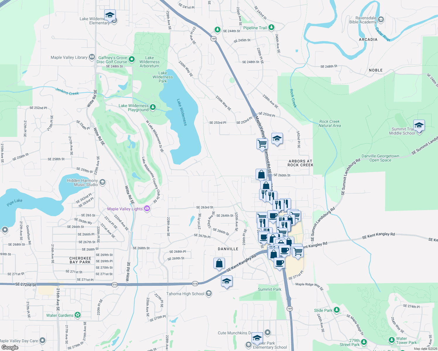 map of restaurants, bars, coffee shops, grocery stores, and more near 23412 Southeast 260th Court in Maple Valley