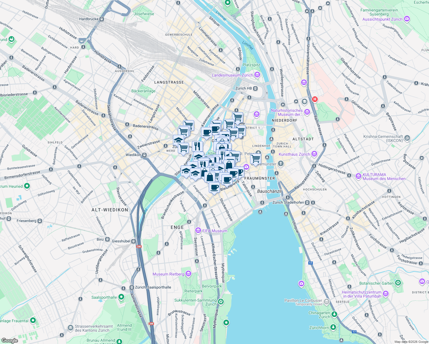 map of restaurants, bars, coffee shops, grocery stores, and more near 5 Brandschenkestrasse in Zürich