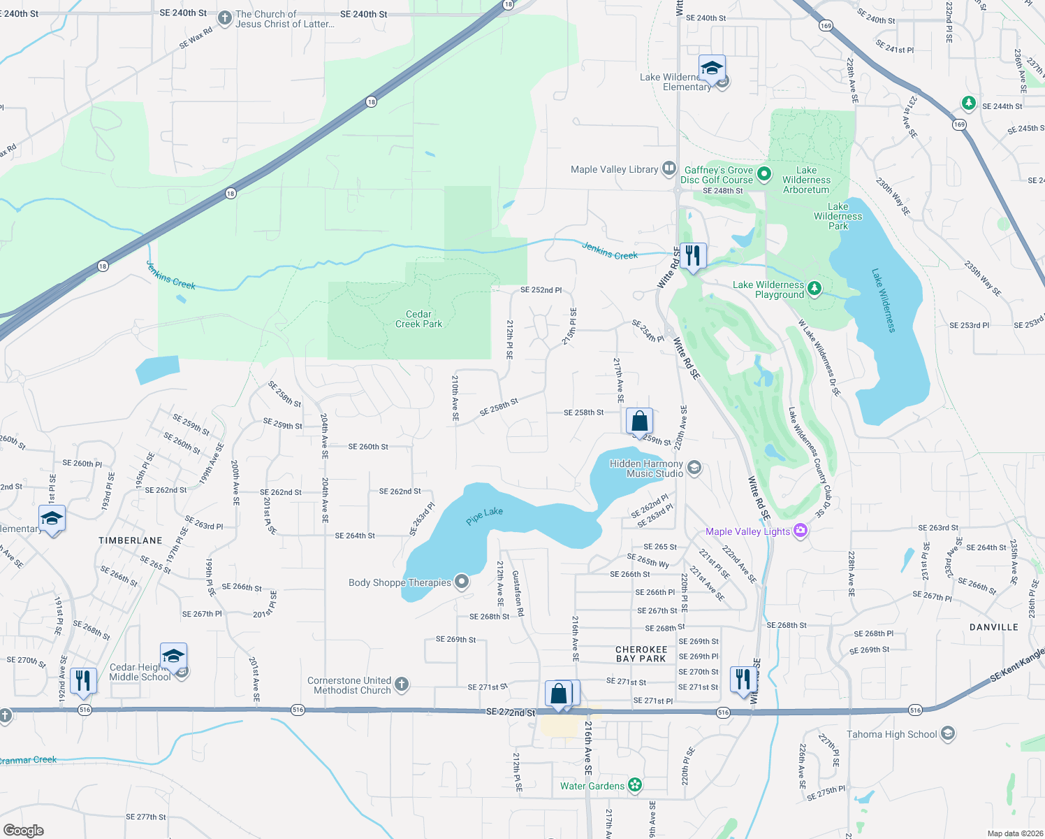 map of restaurants, bars, coffee shops, grocery stores, and more near 24211 Southeast 258th Place in Maple Valley