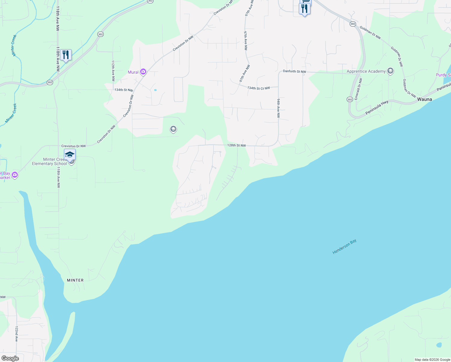 map of restaurants, bars, coffee shops, grocery stores, and more near 12402 98th Avenue Court Northwest in Gig Harbor