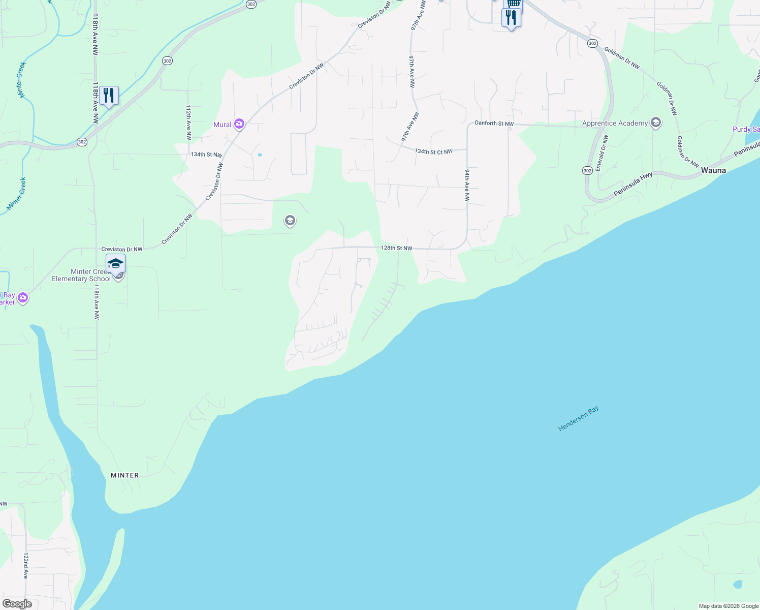 map of restaurants, bars, coffee shops, grocery stores, and more near 12404 98th Avenue Court Northwest in Gig Harbor