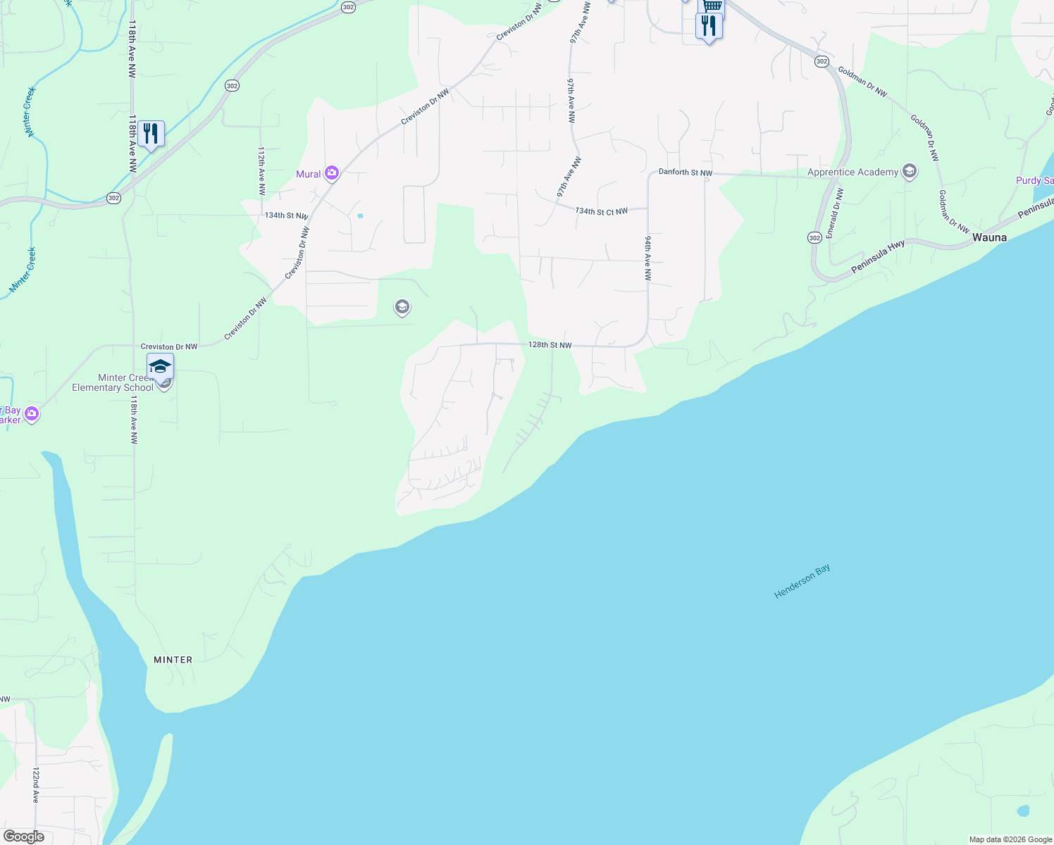 map of restaurants, bars, coffee shops, grocery stores, and more near 12404 98th Avenue Court Northwest in Gig Harbor