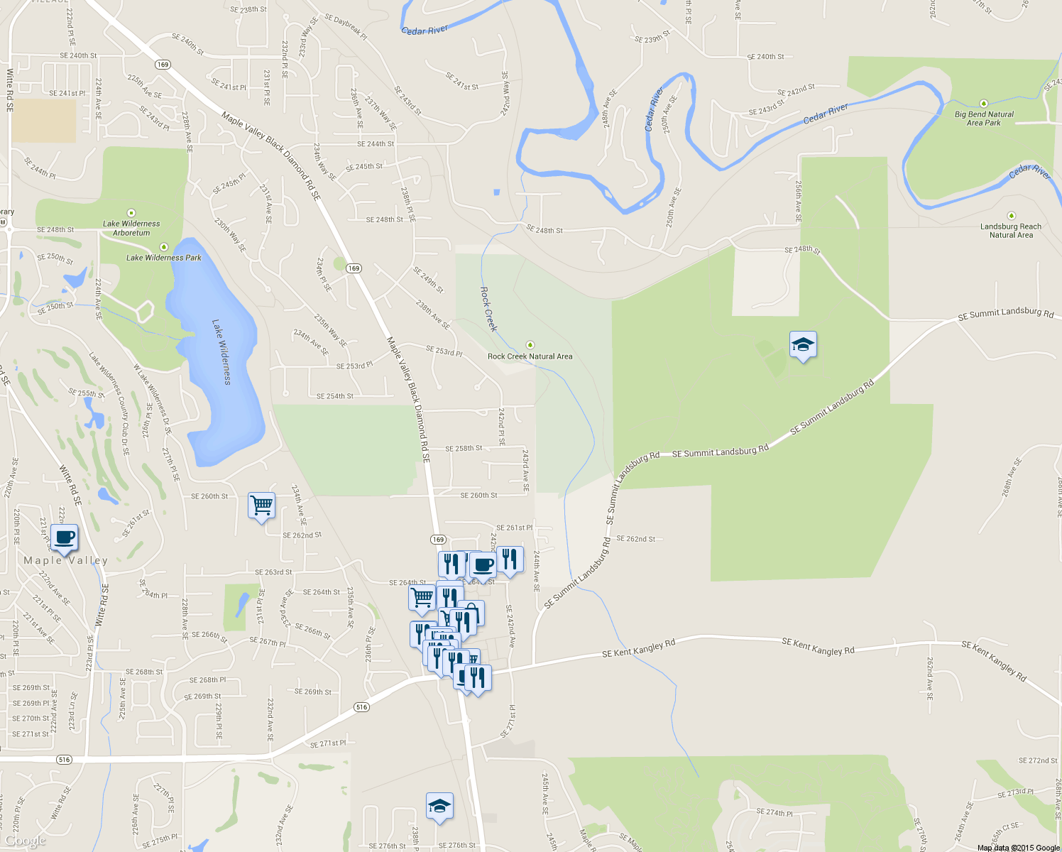 map of restaurants, bars, coffee shops, grocery stores, and more near 25622 243rd Court Southeast in Maple Valley