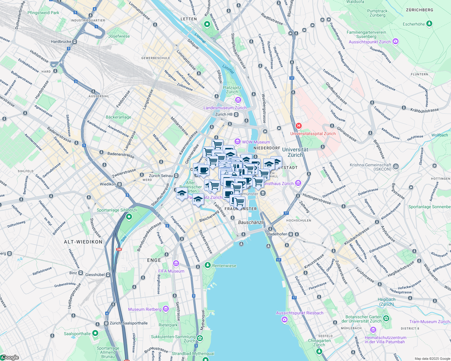map of restaurants, bars, coffee shops, grocery stores, and more near 42 Bahnhofstrasse in Zürich