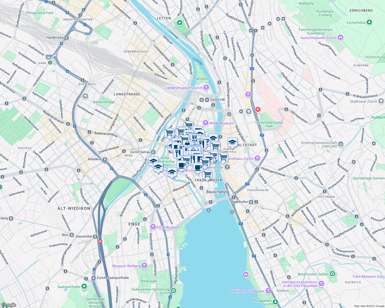 map of restaurants, bars, coffee shops, grocery stores, and more near 45 Bahnhofstrasse in Zürich