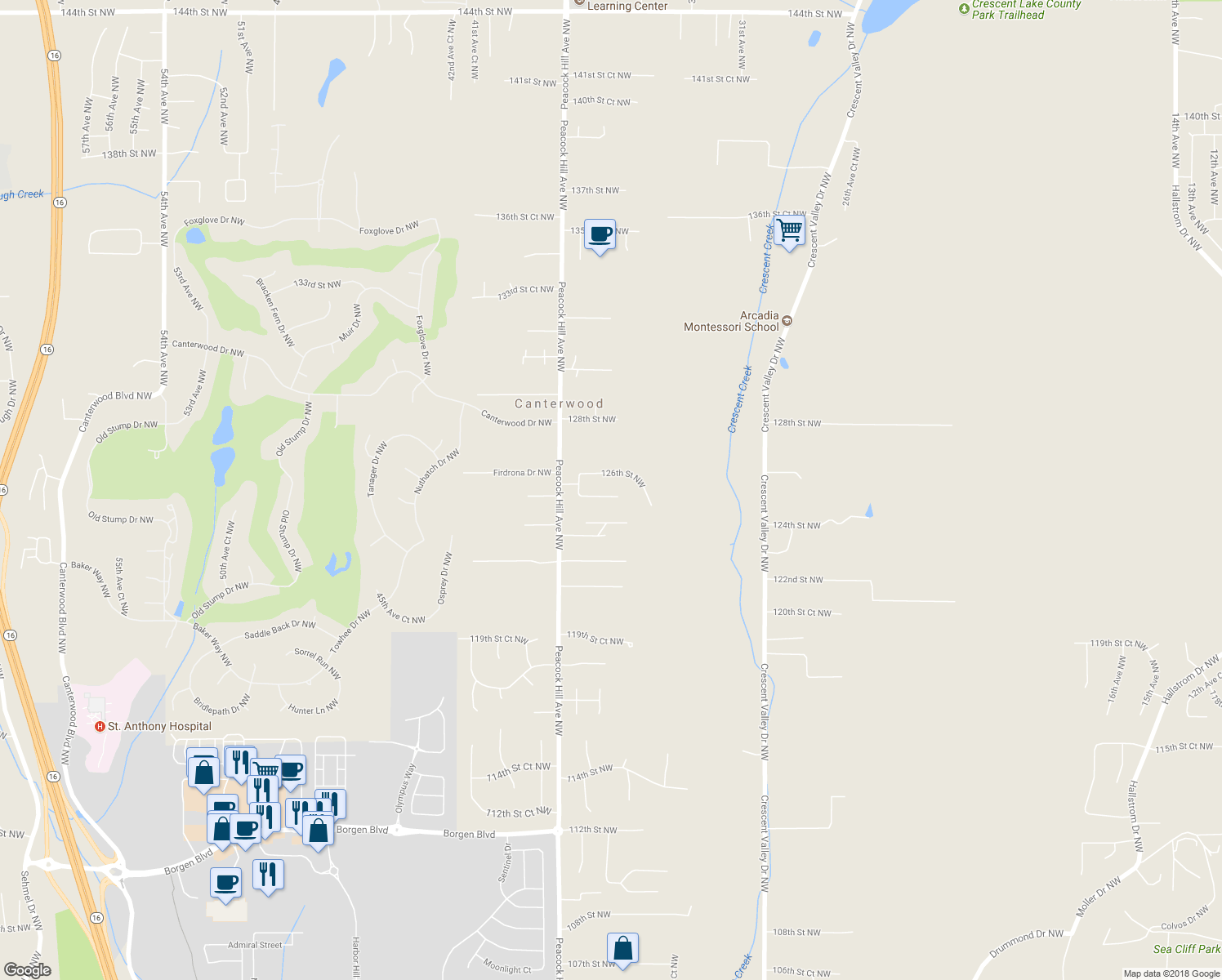 map of restaurants, bars, coffee shops, grocery stores, and more near 3523 125th Street Northwest in Gig Harbor