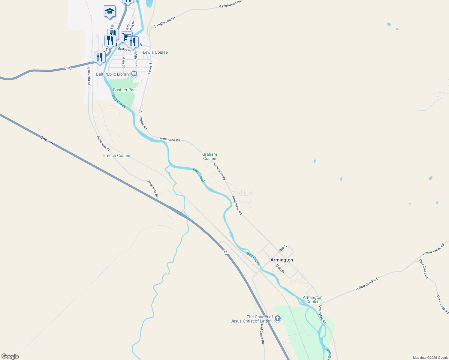 map of restaurants, bars, coffee shops, grocery stores, and more near 624 Armington Road in Belt