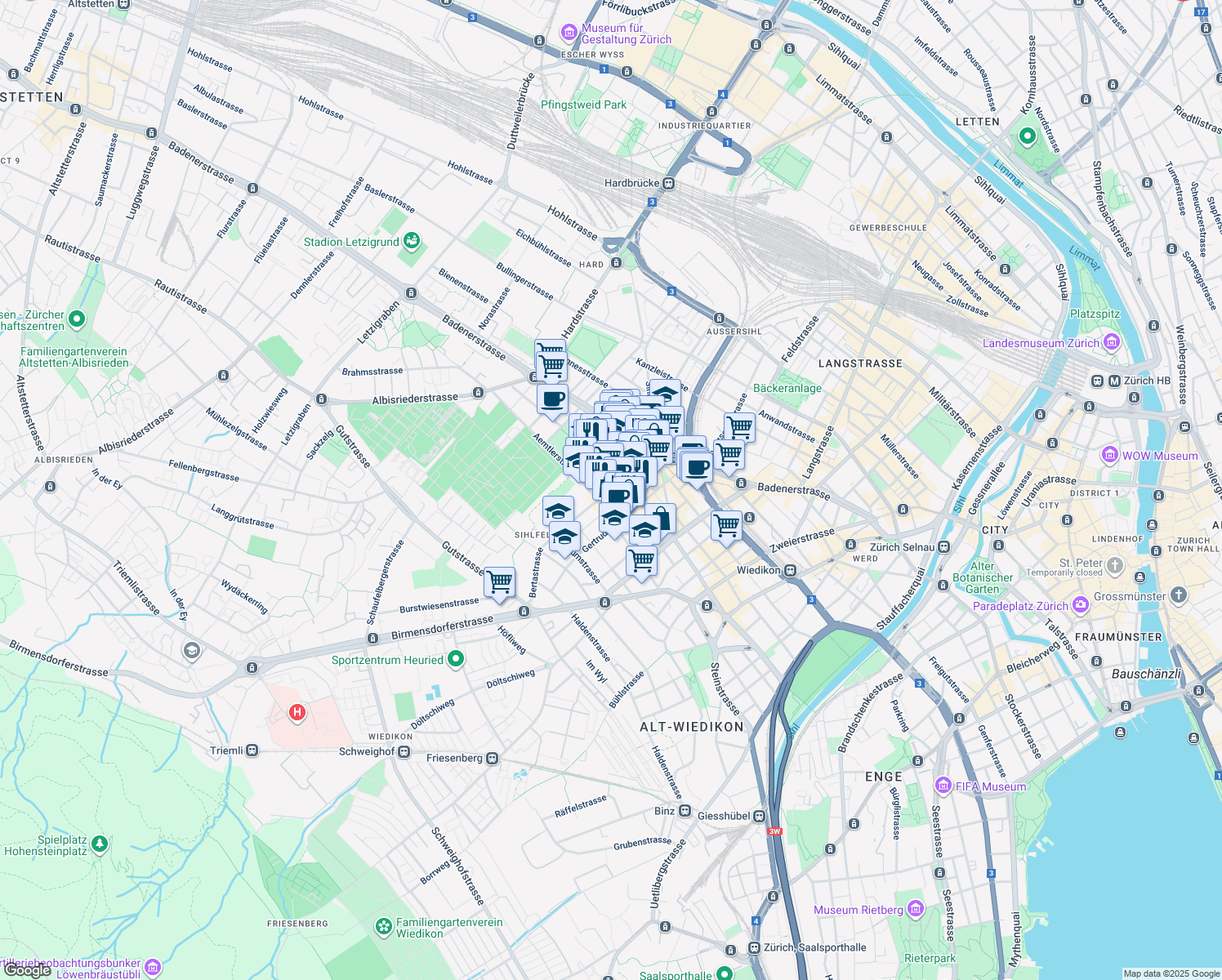 map of restaurants, bars, coffee shops, grocery stores, and more near 4 Idaplatz in Zurich