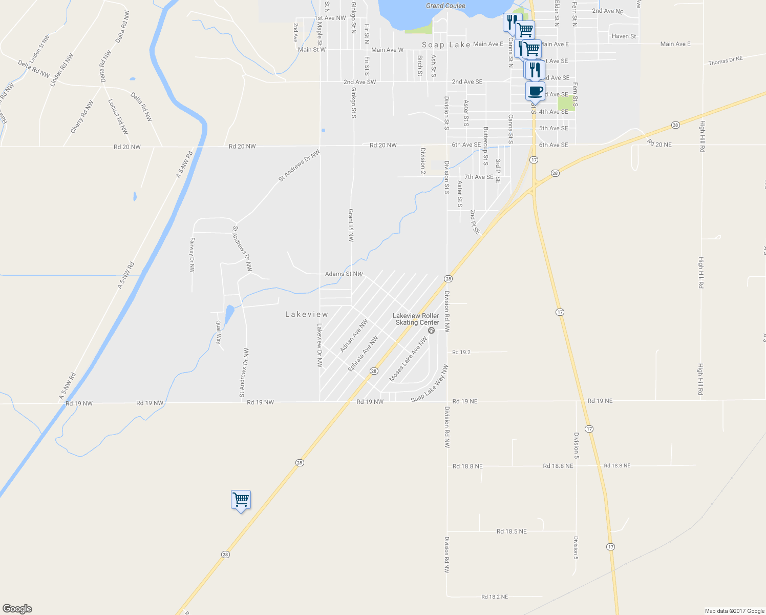 map of restaurants, bars, coffee shops, grocery stores, and more near 155 Adrian Avenue Northwest in Soap Lake