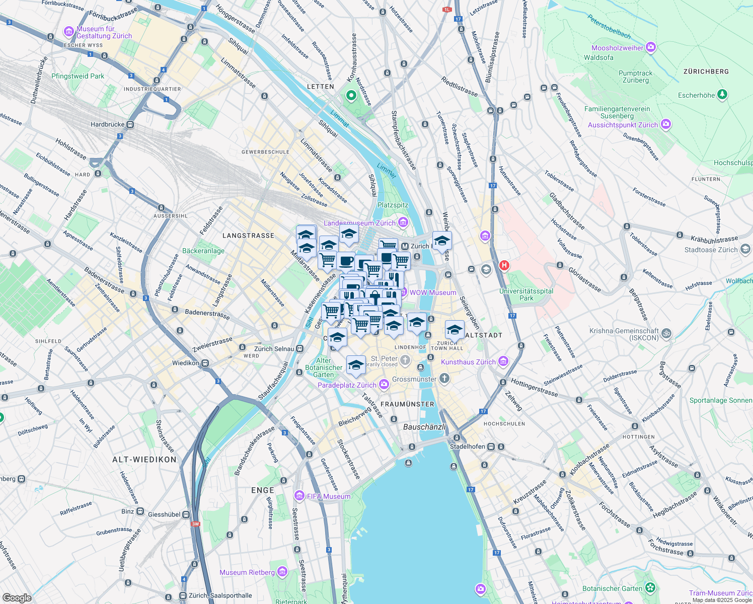 map of restaurants, bars, coffee shops, grocery stores, and more near 75 Bahnhofstrasse in Zürich