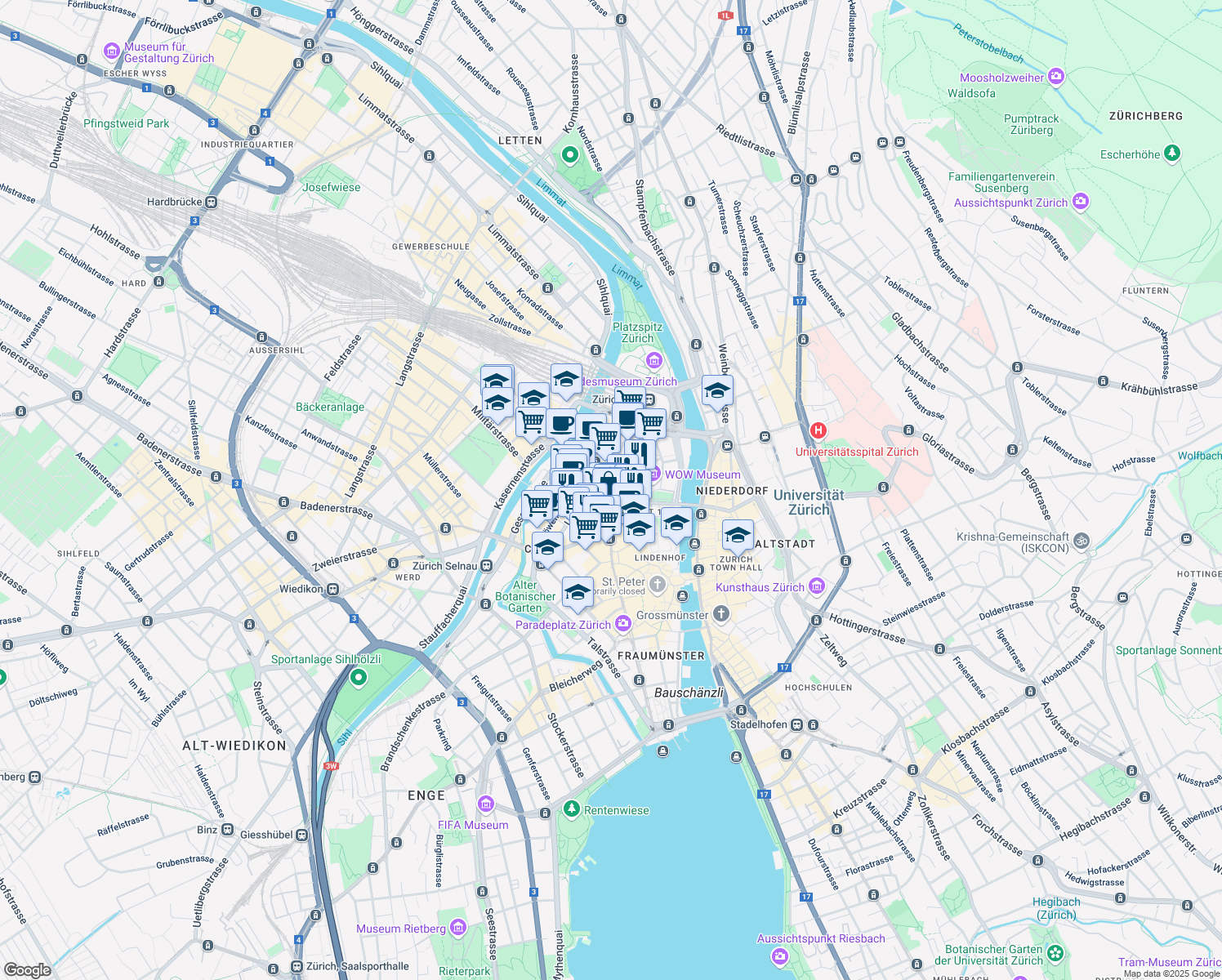map of restaurants, bars, coffee shops, grocery stores, and more near 75 Bahnhofstrasse in Zürich