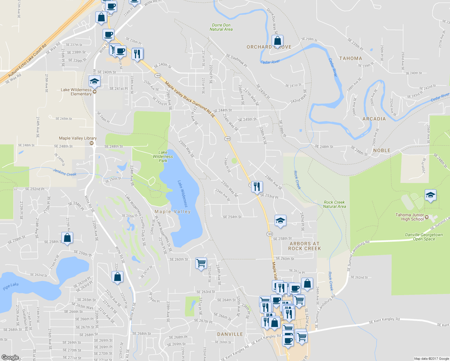 map of restaurants, bars, coffee shops, grocery stores, and more near 25130 235th Way Southeast in Maple Valley