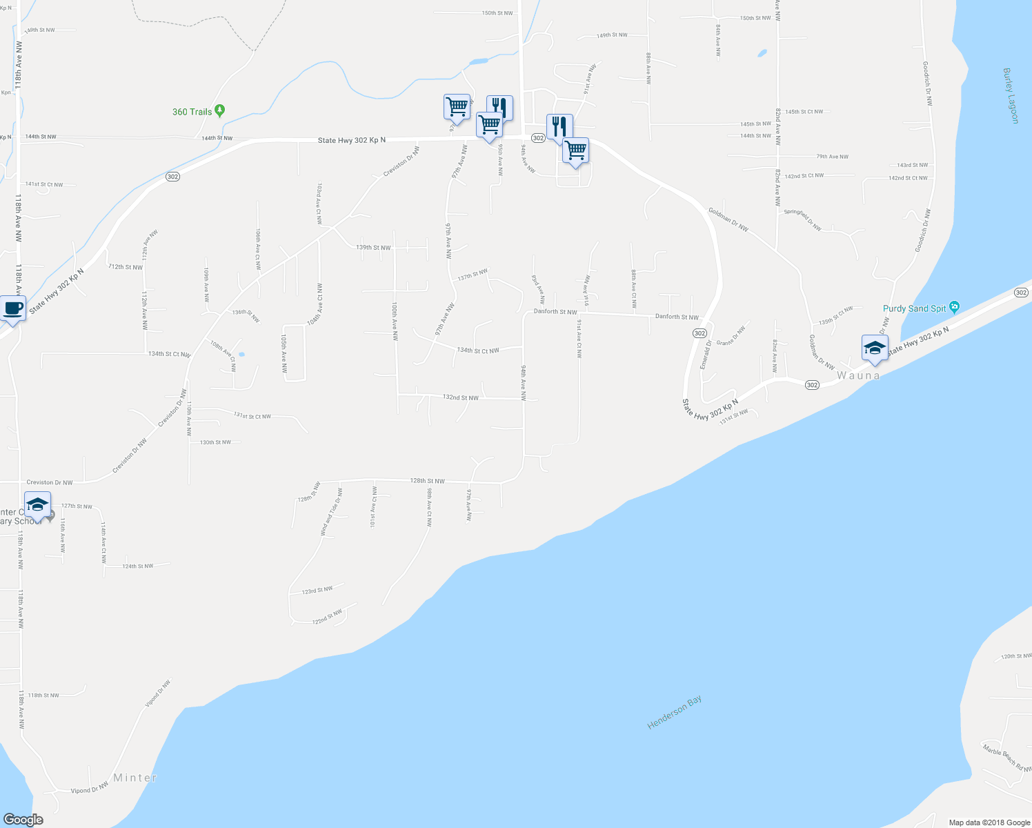 map of restaurants, bars, coffee shops, grocery stores, and more near 13112 94th Avenue Northwest in Gig Harbor