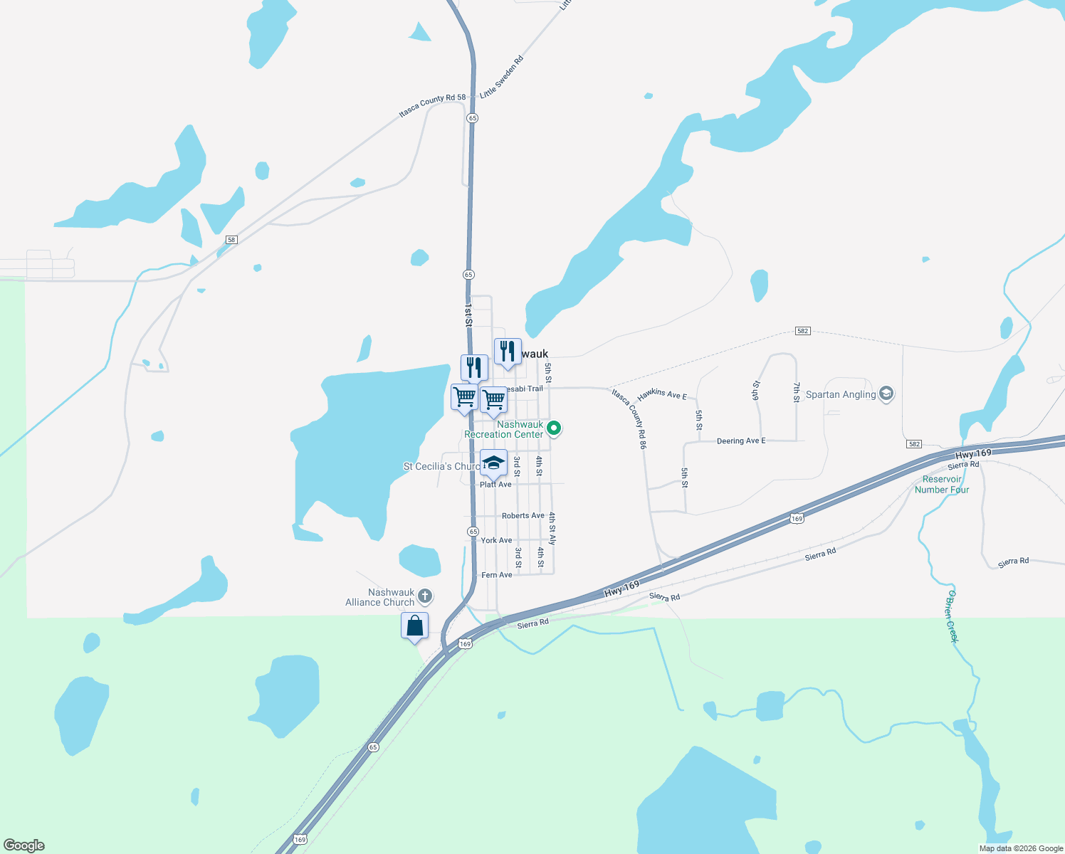 map of restaurants, bars, coffee shops, grocery stores, and more near 207 4th St in Nashwauk