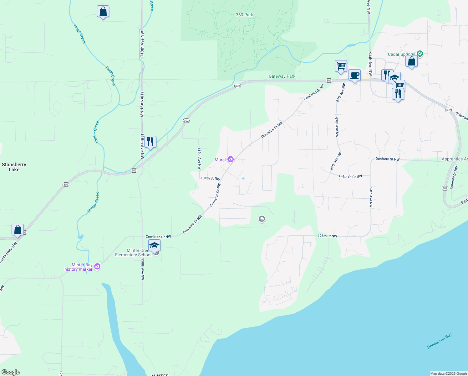 map of restaurants, bars, coffee shops, grocery stores, and more near 10806 133rd St NW in Gig Harbor
