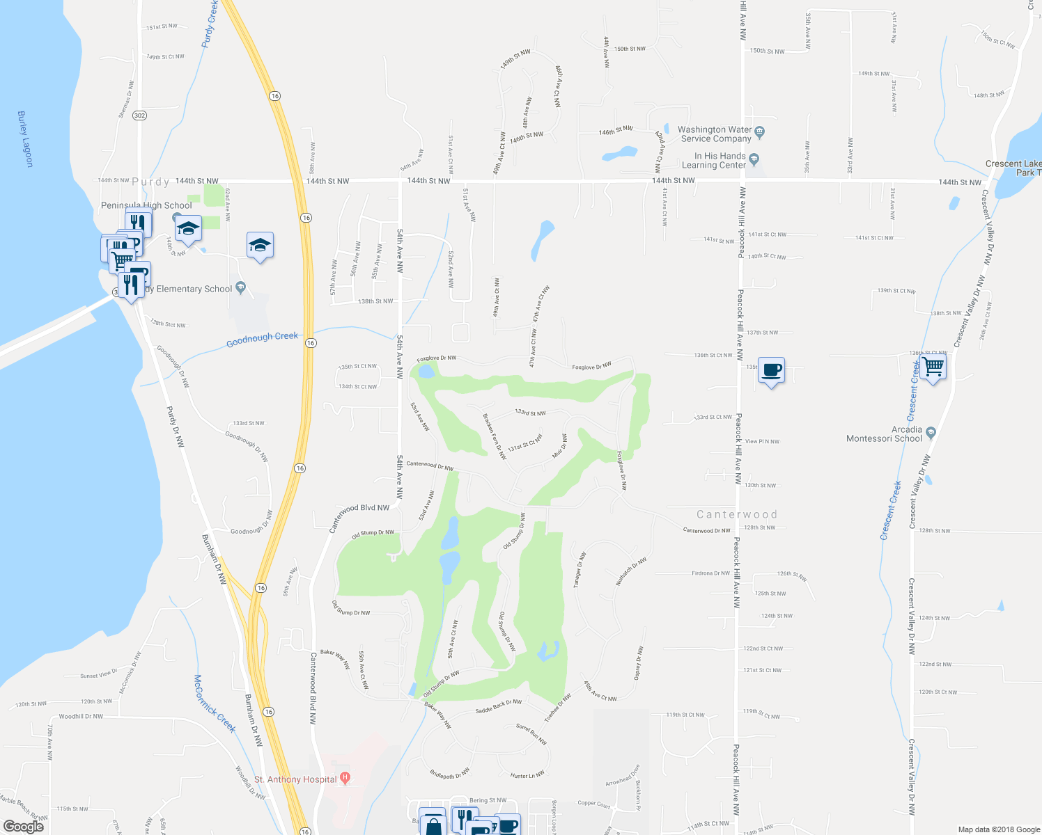 map of restaurants, bars, coffee shops, grocery stores, and more near 4720 133rd St NW in Gig Harbor