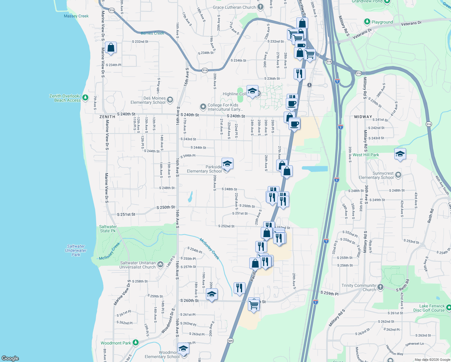 map of restaurants, bars, coffee shops, grocery stores, and more near 24700 21st Avenue South in Des Moines