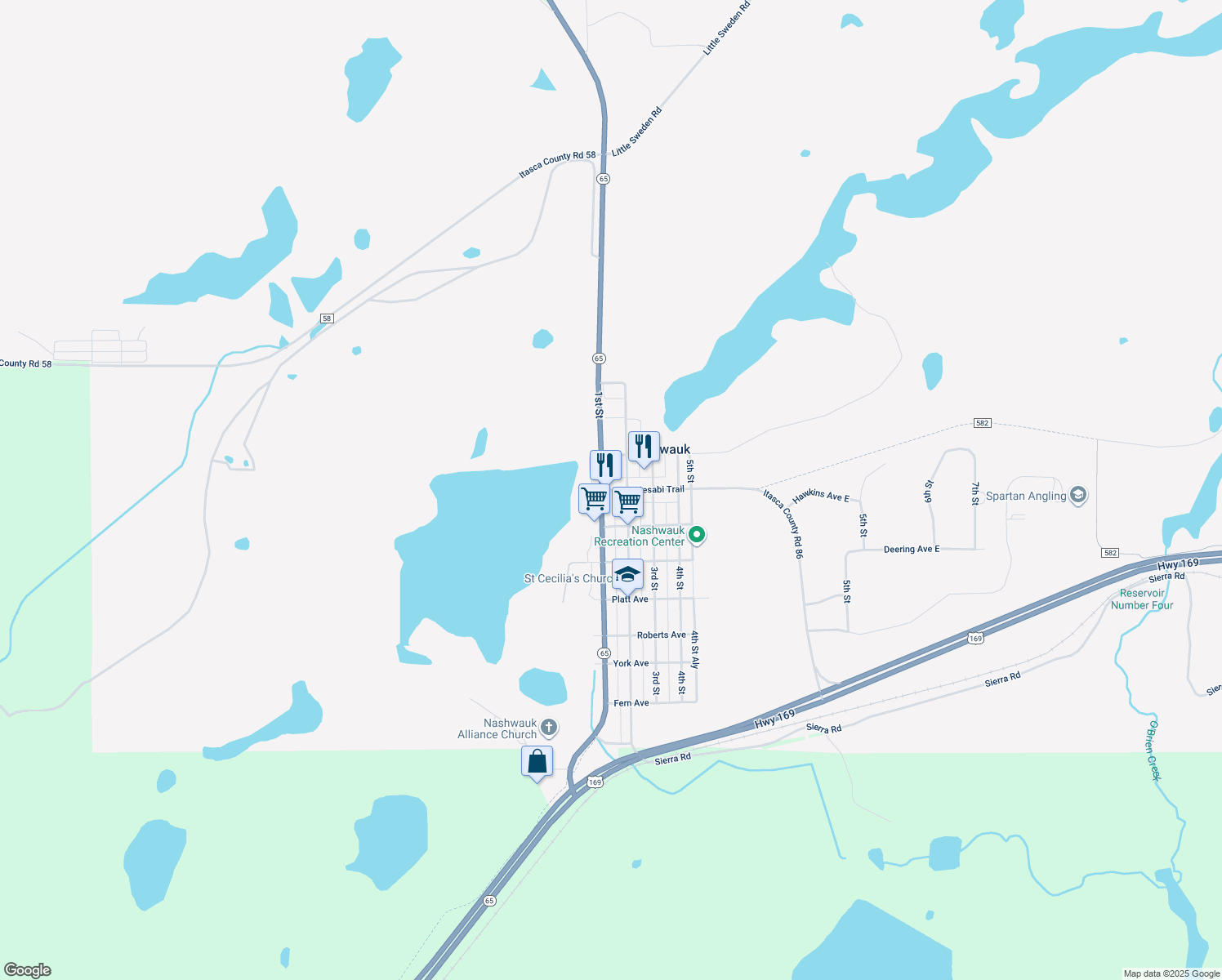 map of restaurants, bars, coffee shops, grocery stores, and more near 107 Central Avenue in Nashwauk