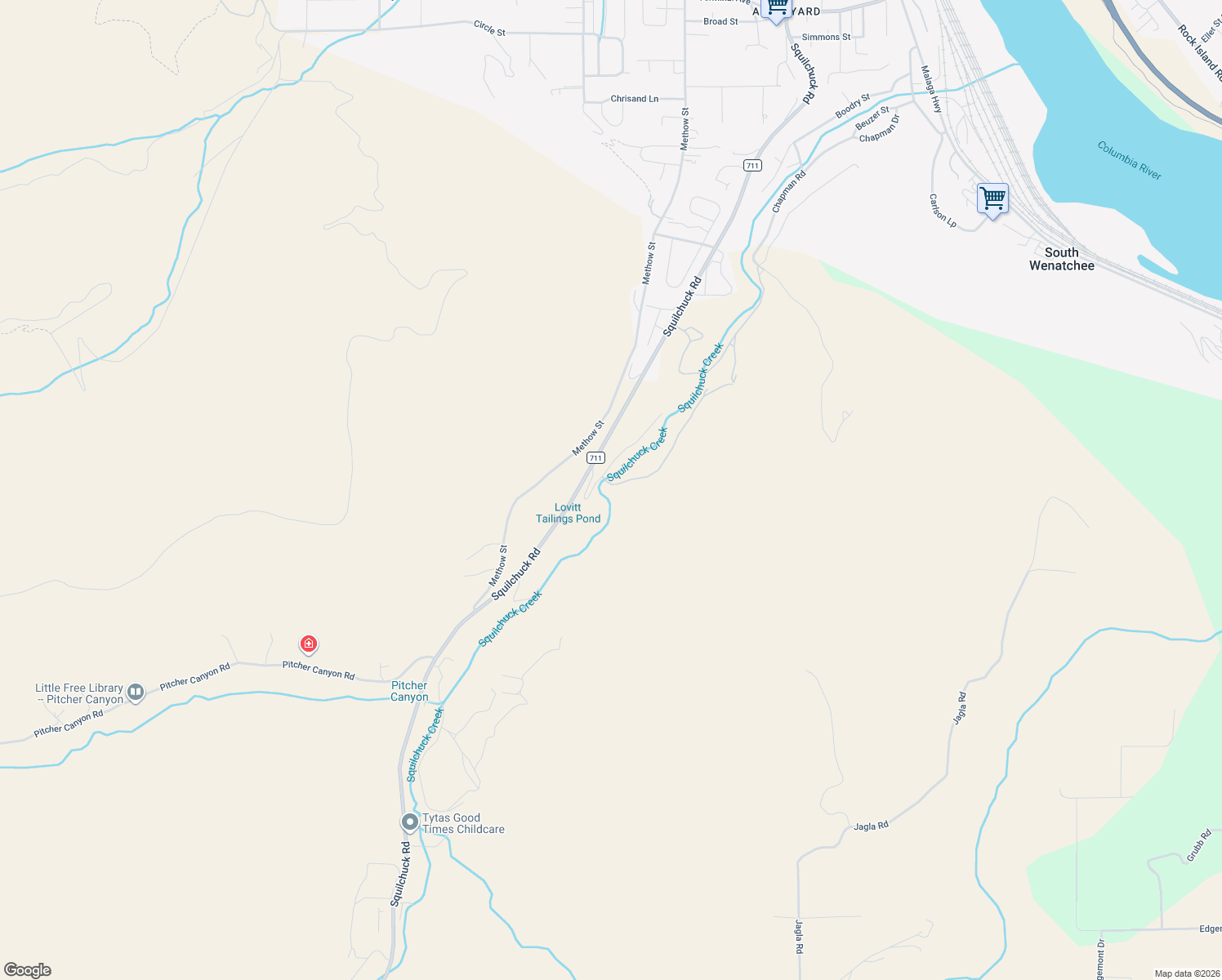 map of restaurants, bars, coffee shops, grocery stores, and more near 2446 Squilchuck Road in Wenatchee